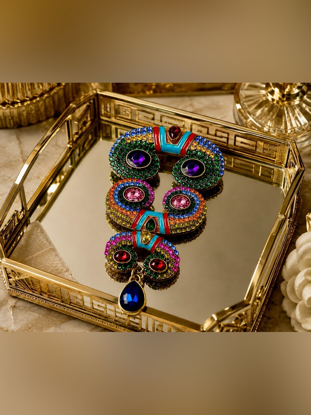 Multicolor Rhinestone Statement Brooch Art Deco Inspired Jeweled Dangle Pin